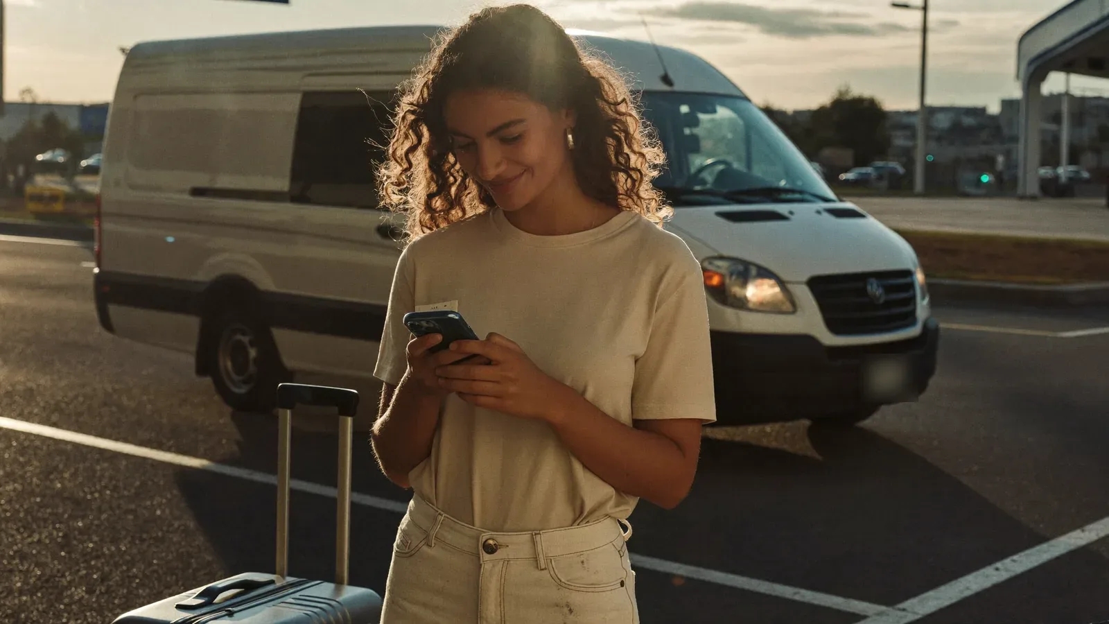 Passageira com mala de mão olhando o celular no desembarque de Confins enquanto a van do estacionamento se aproxima