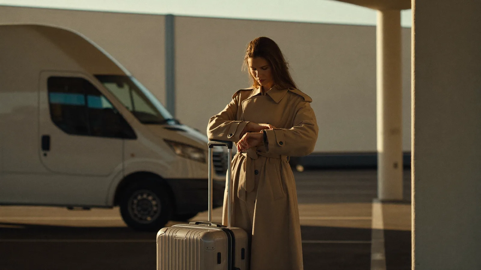 passageira com mala de mão esperando a van no estacionamento perto do aeroporto de Curitiba