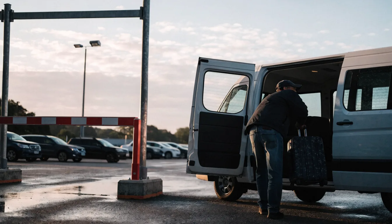 van do traslado do estacionamento de Guarulhos recebendo a bagagem do passageiro