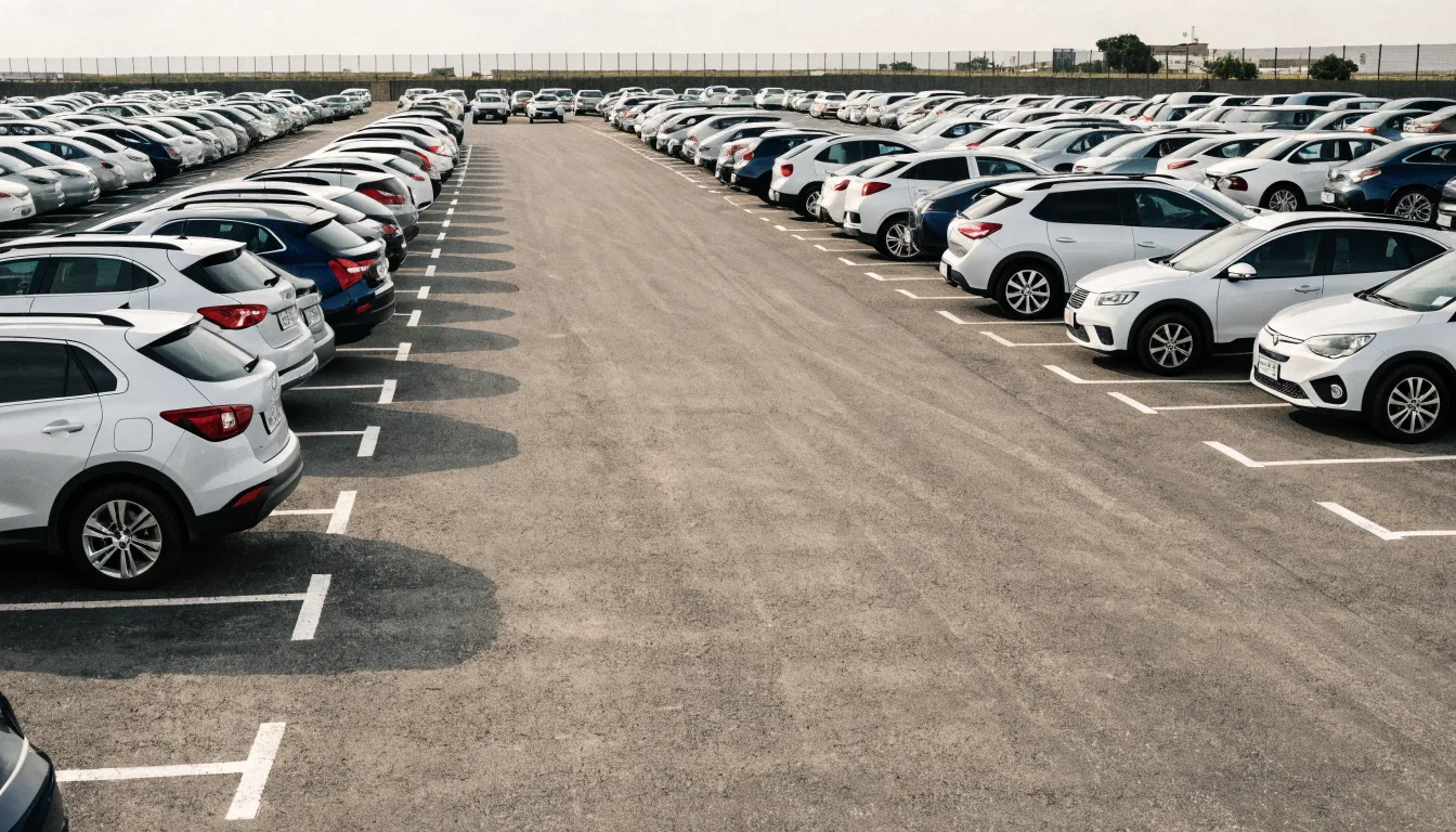 fileiras de vagas descobertas no estacionamento perto de Guarulhos, com os carros ao ar livre