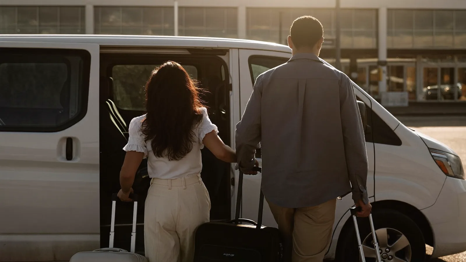 casal com malas de mão embarcando na van do traslado do estacionamento do Aeroporto Afonso Pena