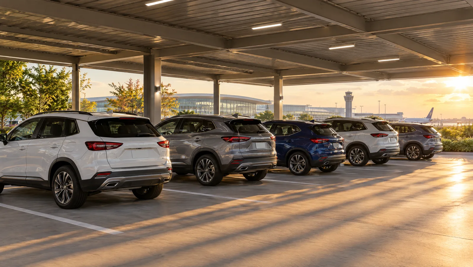 vaga coberta no estacionamento de Viracopos com SUVs protegidos do sol do fim de tarde