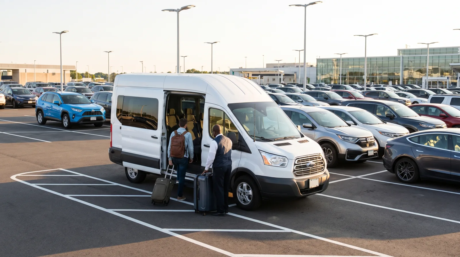 van de traslado levando passageiros do estacionamento até o terminal do aeroporto