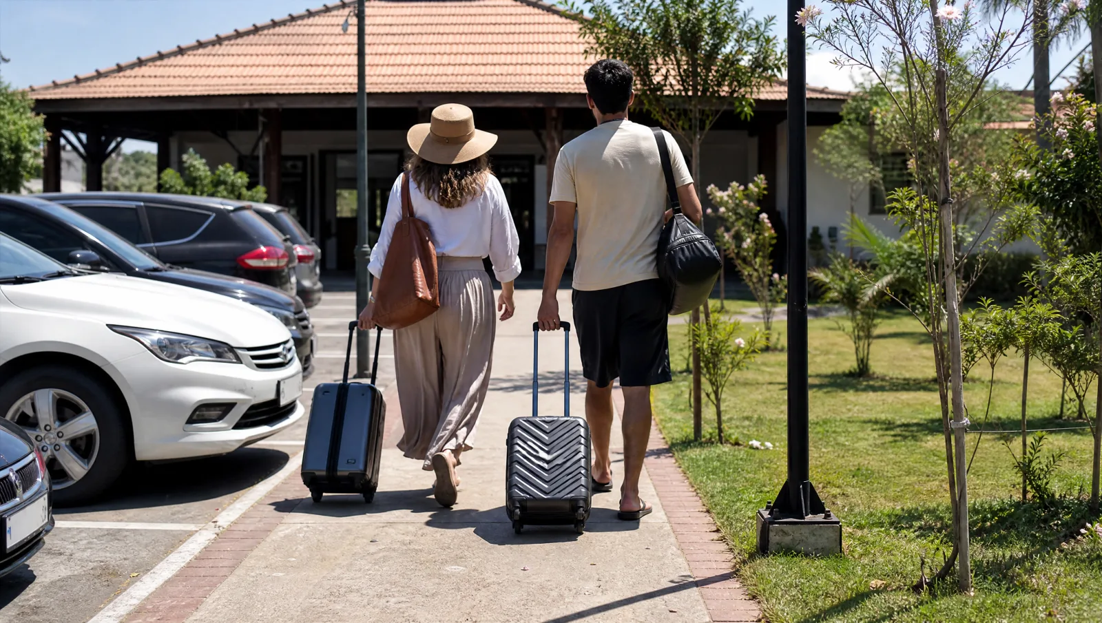 Passageiros caminhando com malas do estacionamento até o terminal do aeroporto de Navegantes