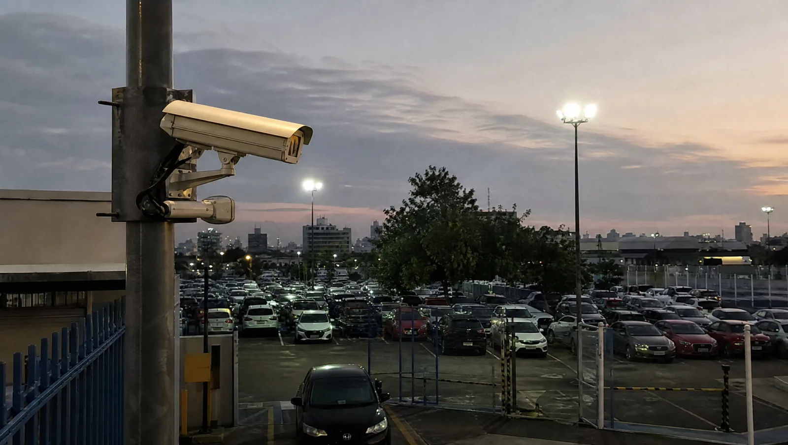 Câmeras de segurança sobre um estacionamento barato em Salvador no fim da tarde