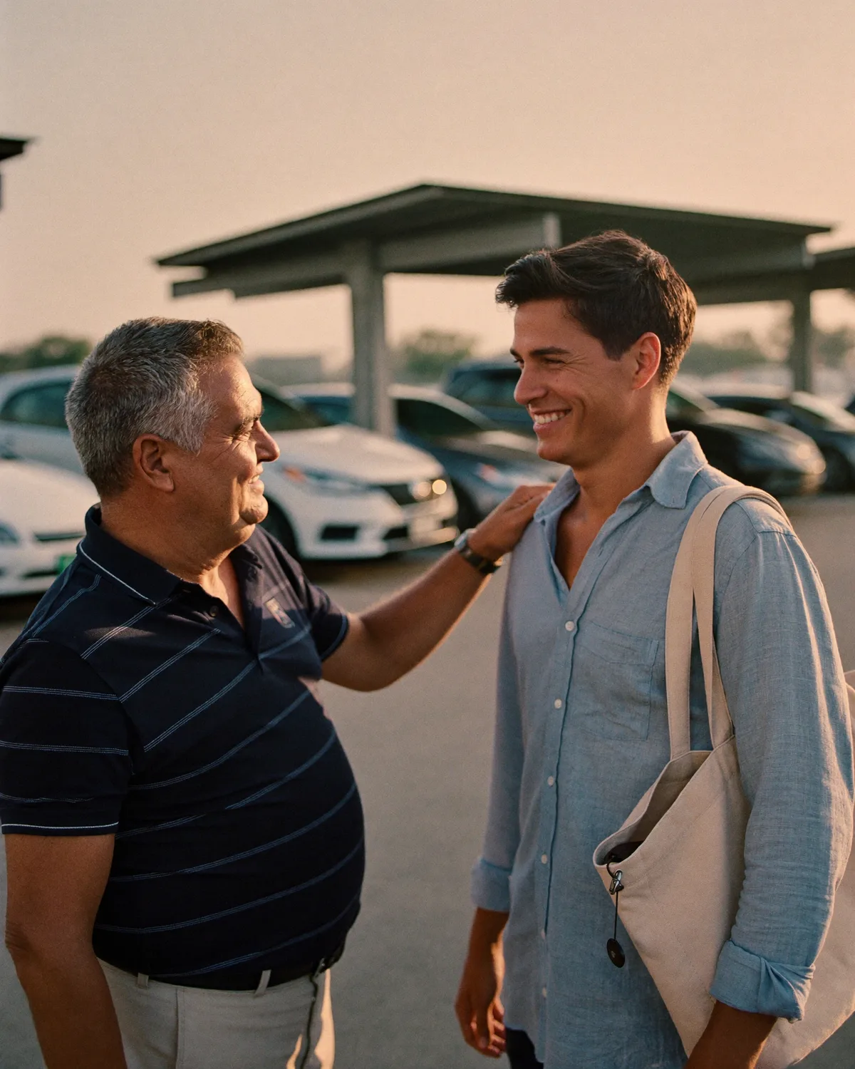 Dono de estacionamento conversando com um cliente no pátio, no fim da tarde